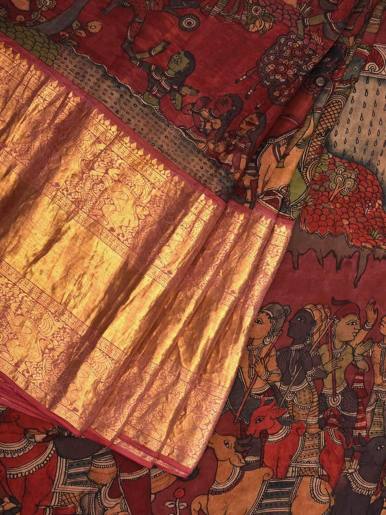 Red Kalamkari Hand Painted Kanchipuram Silk Handloom Saree with Krishna Leela Design KL0560