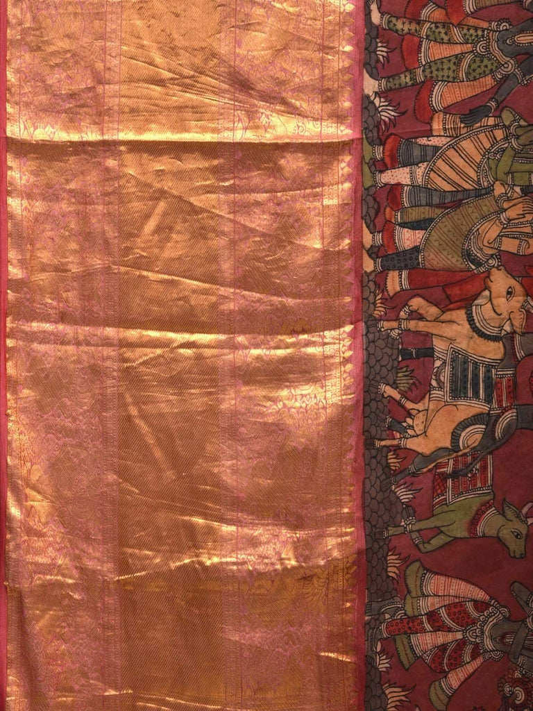 Red Kalamkari Hand Painted Kanchipuram Silk Handloom Saree with Krishna Leela Design KL0560