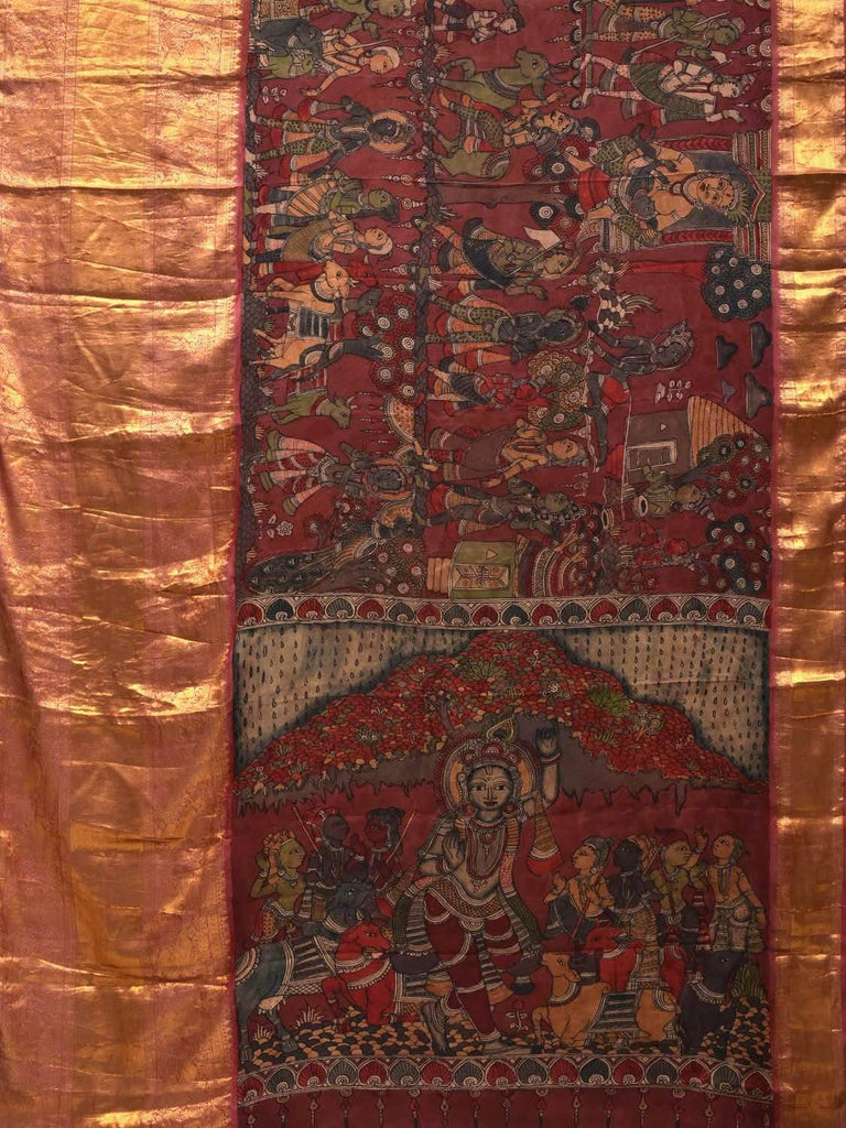 Red Kalamkari Hand Painted Kanchipuram Silk Handloom Saree with Krishna Leela Design KL0560