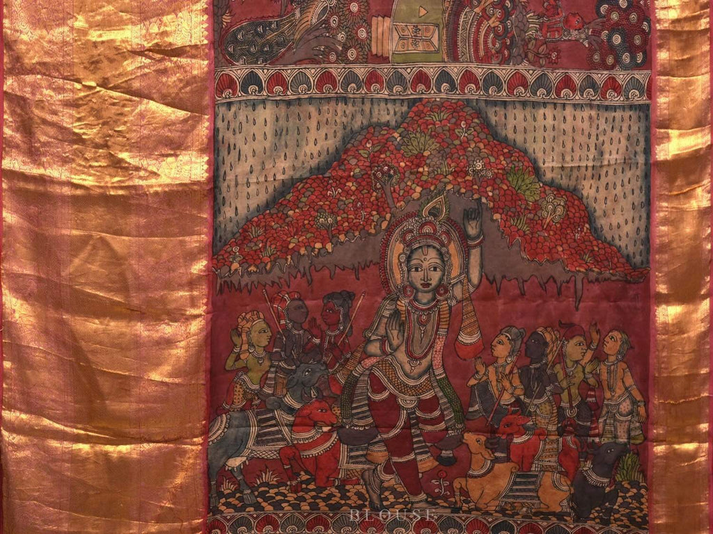 Red Kalamkari Hand Painted Kanchipuram Silk Handloom Saree with Krishna Leela Design KL0560