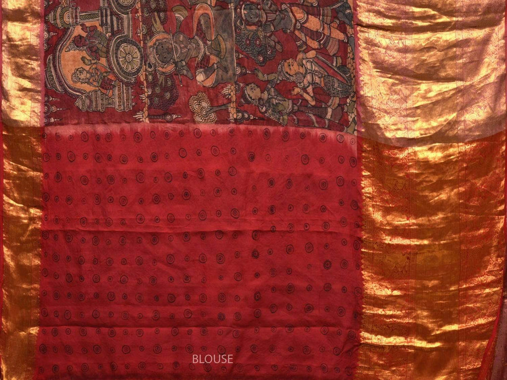 Red Kalamkari Hand Painted Kanchipuram Silk Handloom Saree with Krishna Leela Design KL0560