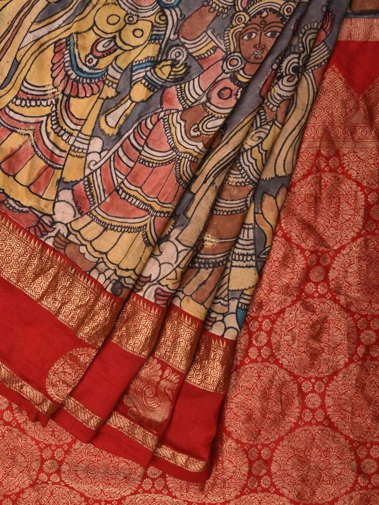 Red Kalamkari Hand Painted Kanchipuram Silk Handloom Saree with Krishna Leena Design KL0505