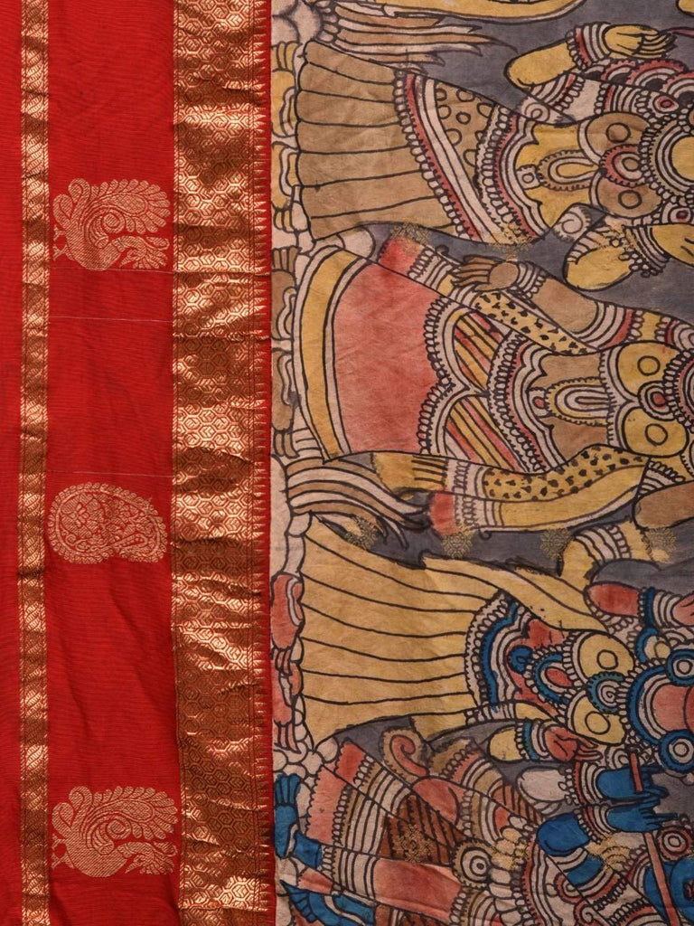 Red Kalamkari Hand Painted Kanchipuram Silk Handloom Saree with Krishna Leena Design KL0505