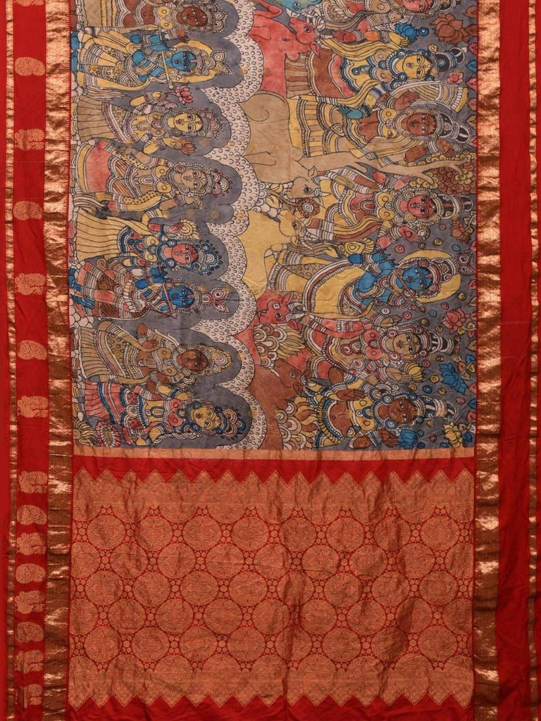 Red Kalamkari Hand Painted Kanchipuram Silk Handloom Saree with Krishna Leena Design KL0505