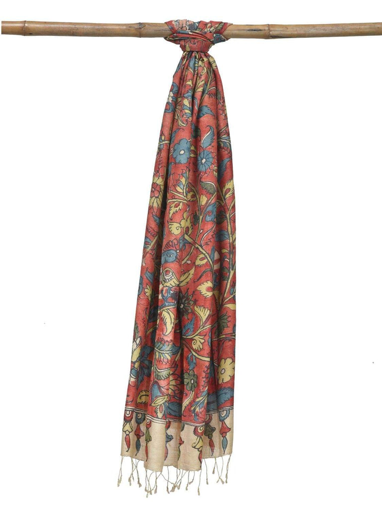 Red Kalamkari Hand Painted Muga Silk Handloom Dupatta with Peacock and Flowers Design ds1822