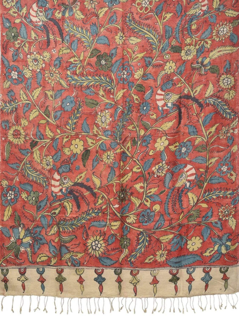 Red Kalamkari Hand Painted Muga Silk Handloom Dupatta with Peacock and Flowers Design ds1822