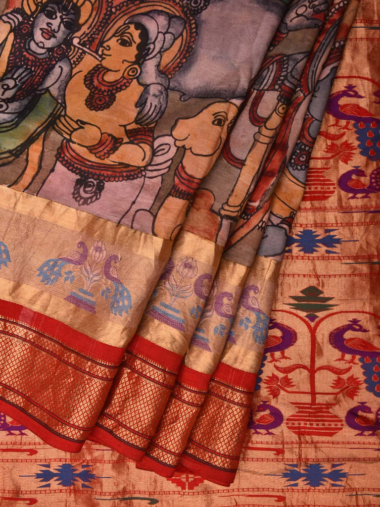 Red Kalamkari Hand Painted Paithani Silk Handloom Saree with Krishna Leela Design KL0502
