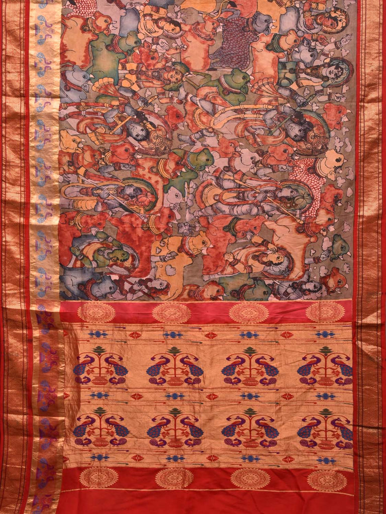 Red Kalamkari Hand Painted Paithani Silk Handloom Saree with Krishna Leela Design KL0502