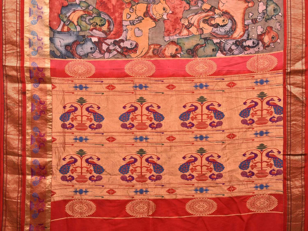 Red Kalamkari Hand Painted Paithani Silk Handloom Saree with Krishna Leela Design KL0502