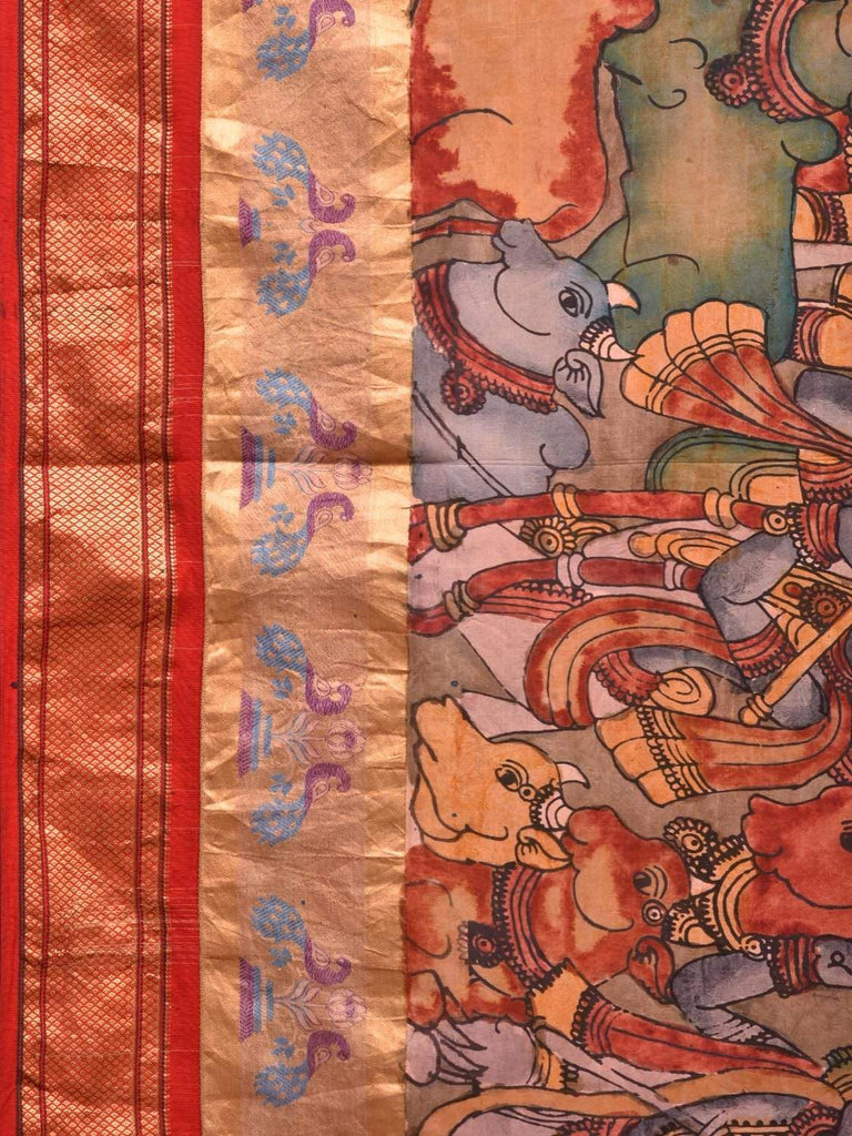 Red Kalamkari Hand Painted Paithani Silk Handloom Saree with Krishna Leela Design KL0502
