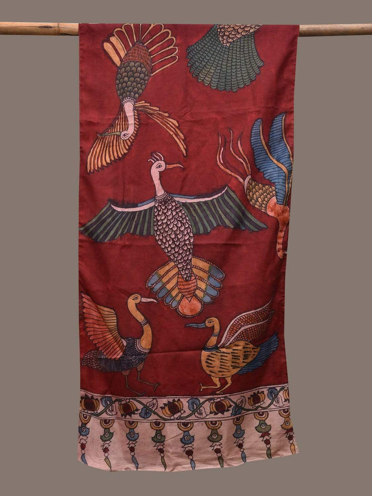 Red Kalamkari Hand Painted Silk Handloom Stole with Birds Design ds2341