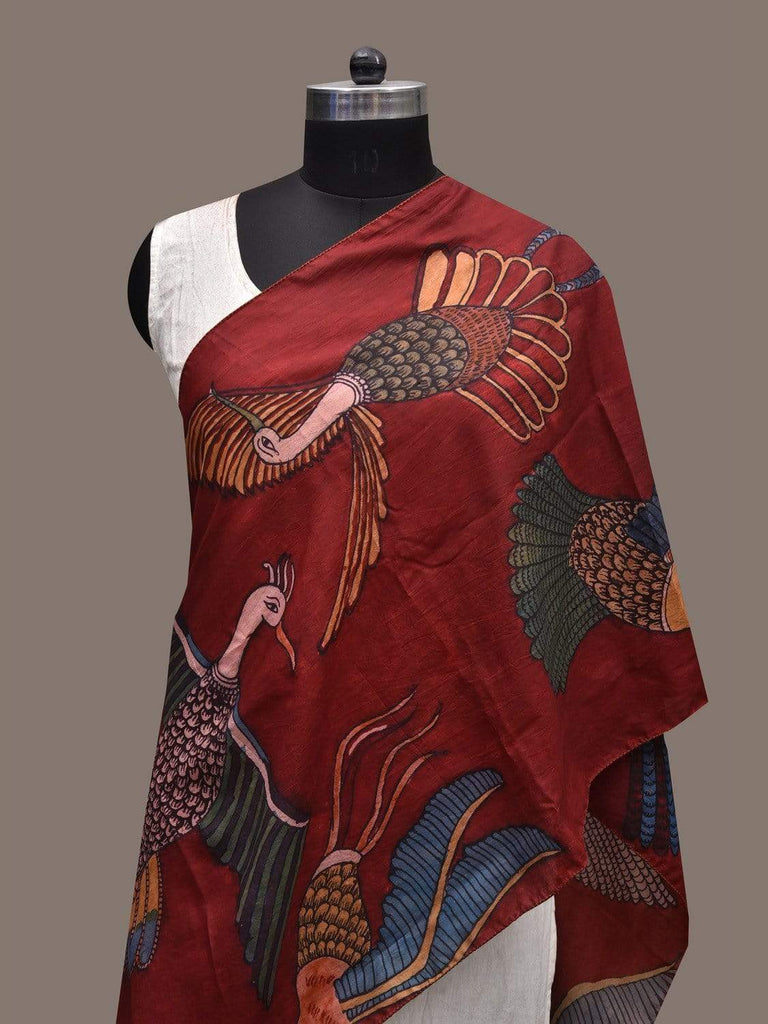 Red Kalamkari Hand Painted Silk Handloom Stole with Birds Design ds2341