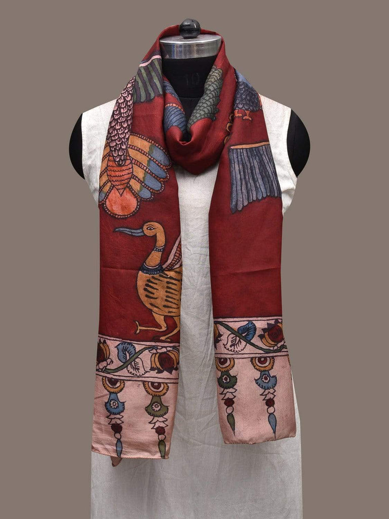 Red Kalamkari Hand Painted Silk Handloom Stole with Birds Design ds2341