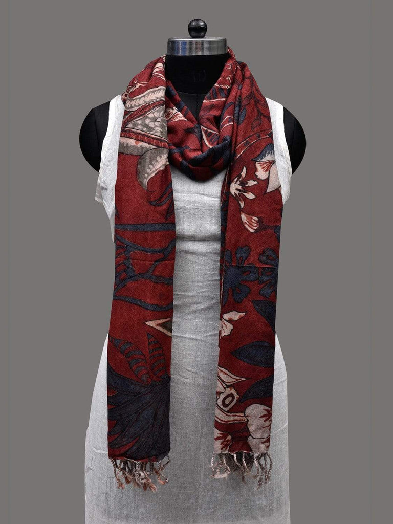 Red Kalamkari Hand Painted Silk Muga Handloom Dupatta with Big Floral Design ds2403
