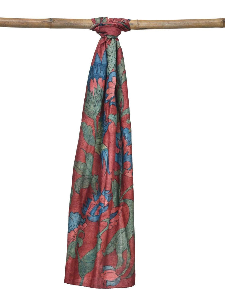 Red Kalamkari Hand Painted Tussar Handloom Stole with Birds and Flowers Design ds1824