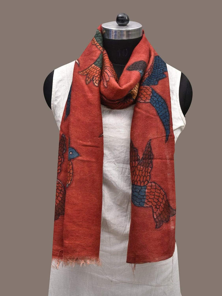 Red Kalamkari Hand Painted Woolen Stole with Birds Design ds2348