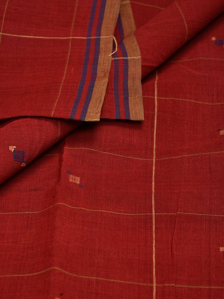 Red Khadi Cotton Natural Dye Handloom 2.5mts Fabric with Checks and Buta Design f0191