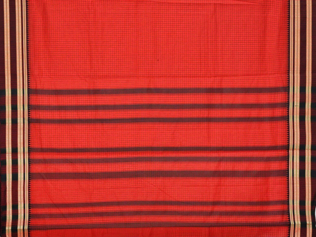 Red Narayanpet Cotton Handloom Saree with Checks and Traditional Border Design No Blouse np0220