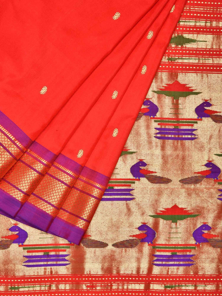 Red Paithani Silk Handloom Saree with Double Pallu Design P0315