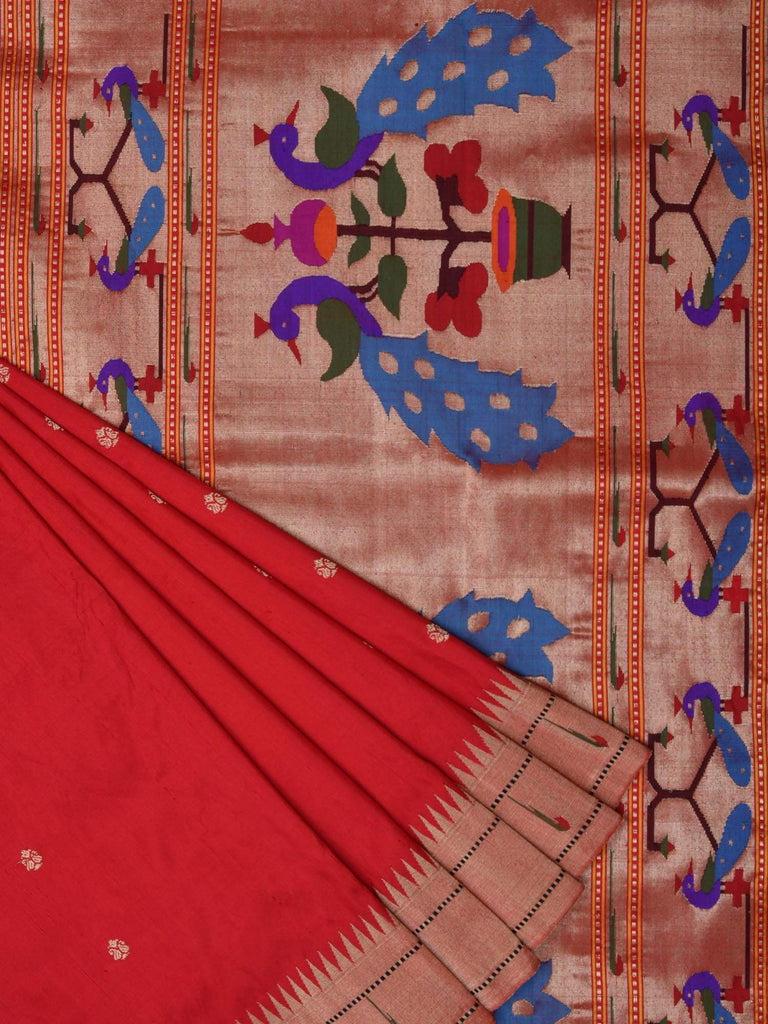 Red Paithani Silk Handloom Saree with Muniya Border and Peacock Pallu Design p0253