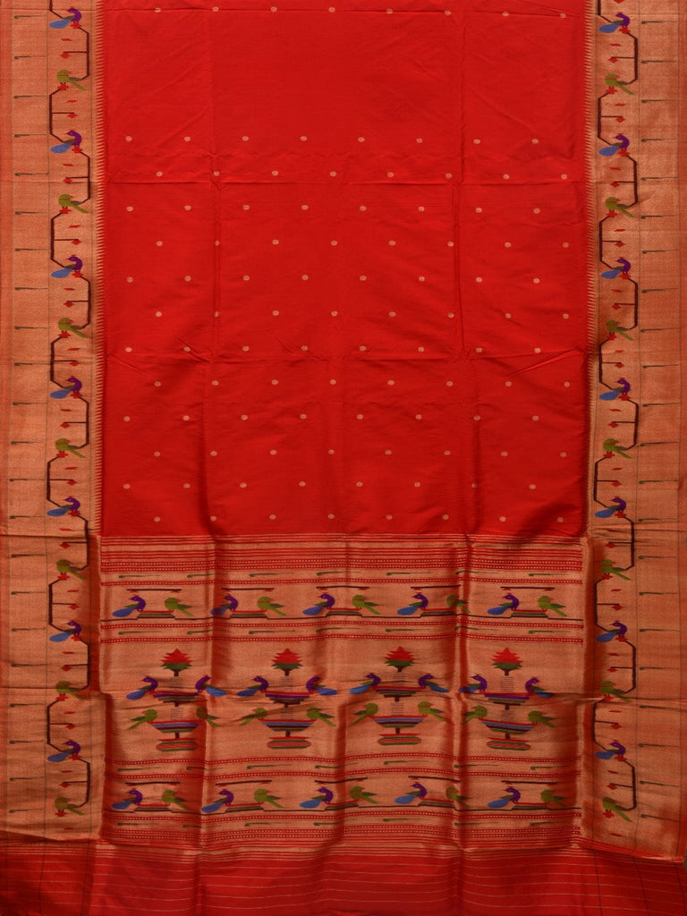 Red Paithani Silk Handloom Saree with Peacocks and Parrots Border Design p0466