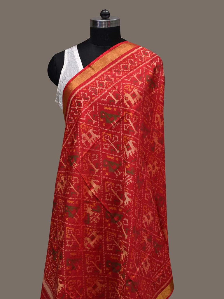 Red Pochampally Ikat Silk Handloom Dupatta with Grill Design ds2463