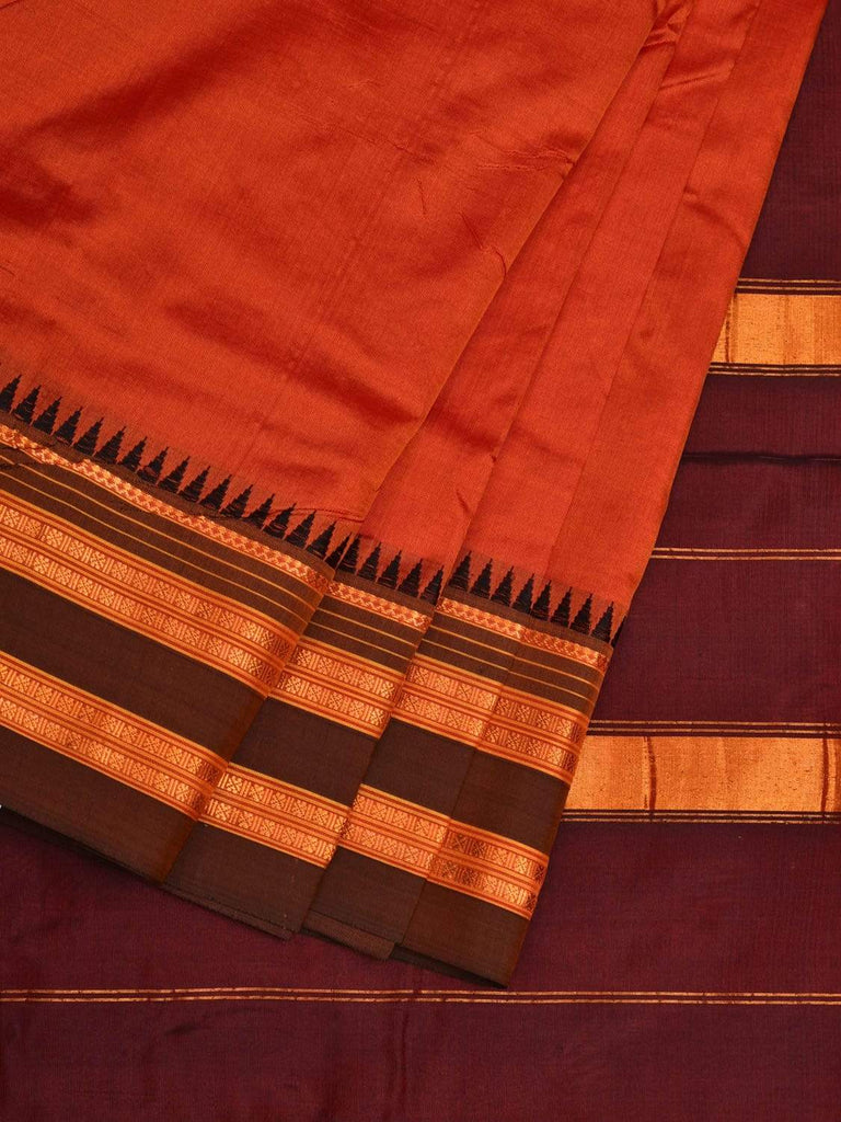 Rust and Brown Narayanpet Silk Plain Saree with Traditional Border Design No Blouse np0499