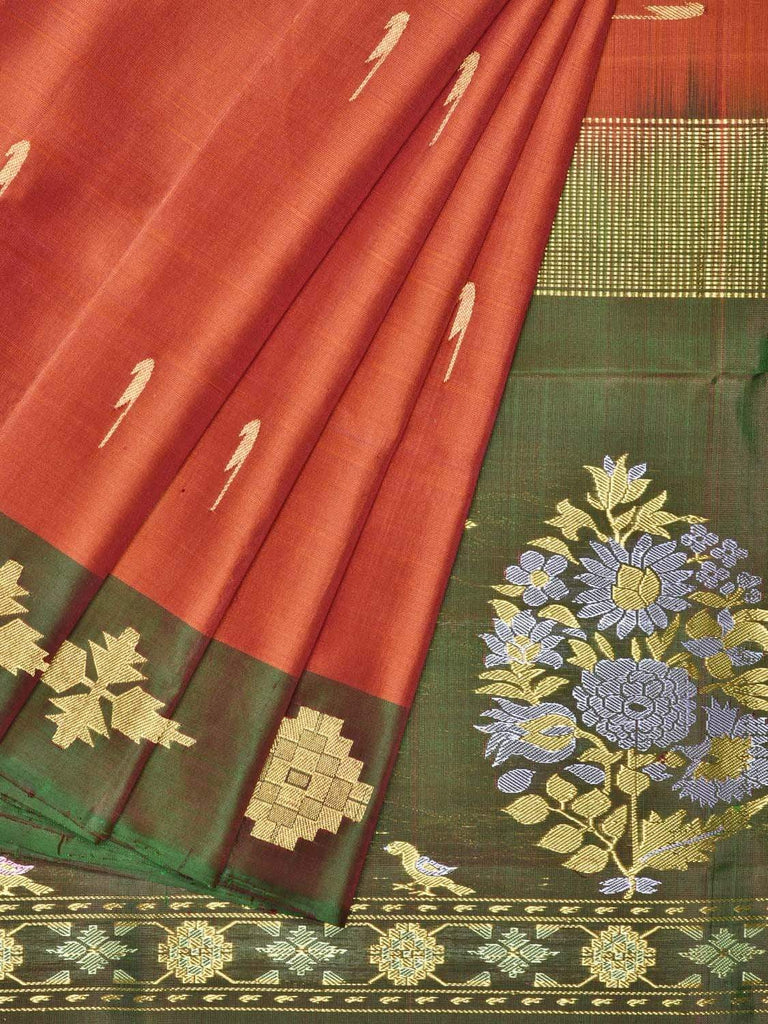 Rust and Green Silk Handloom Saree with One Side Border and Pallu Design O0258