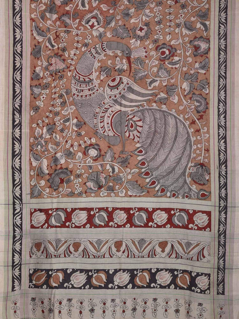 Rust Kalamkari Cotton Hand Painted Saree with Peacock and Flowers Design kl0076