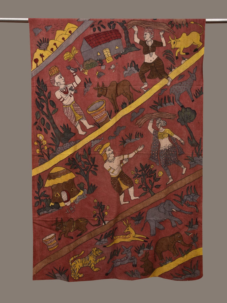 Rust Kalamkari Hand Painted Cotton Handloom Dupatta with Village Theme Design ds2953