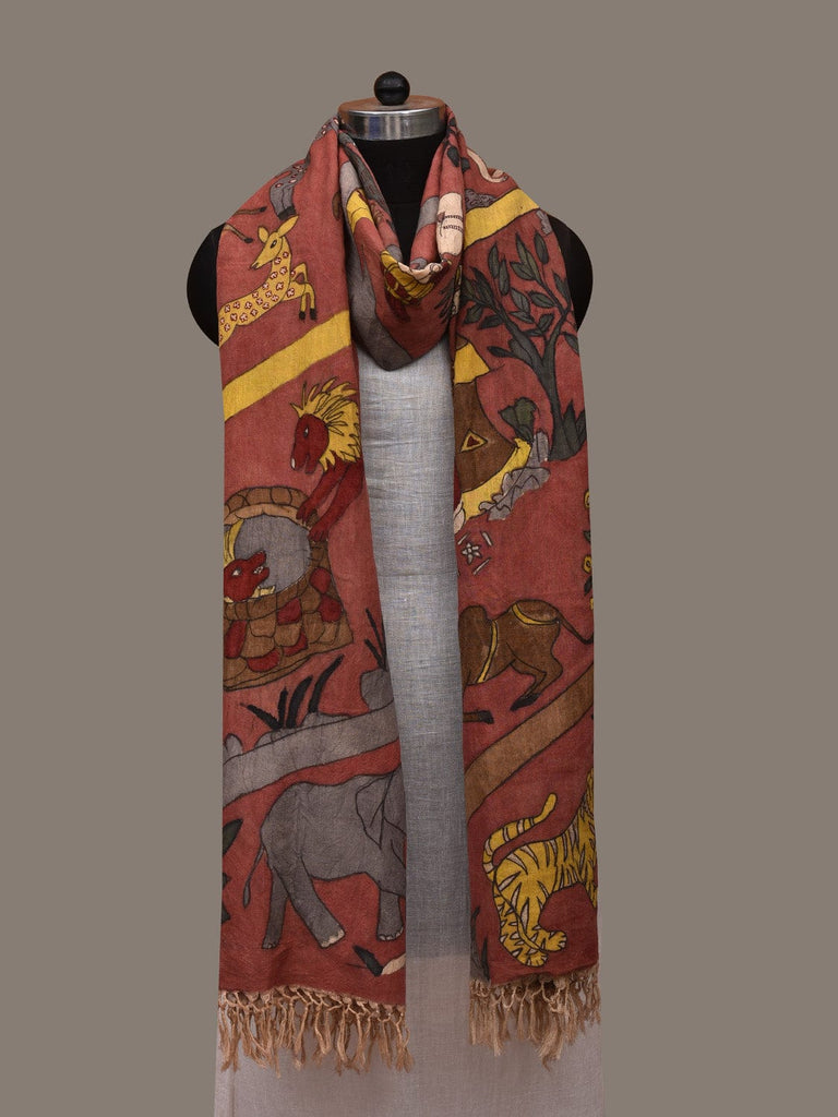 Rust Kalamkari Hand Painted Cotton Handloom Dupatta with Village Theme Design ds2953