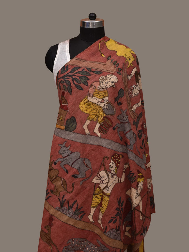 Rust Kalamkari Hand Painted Cotton Handloom Dupatta with Village Theme Design ds2953