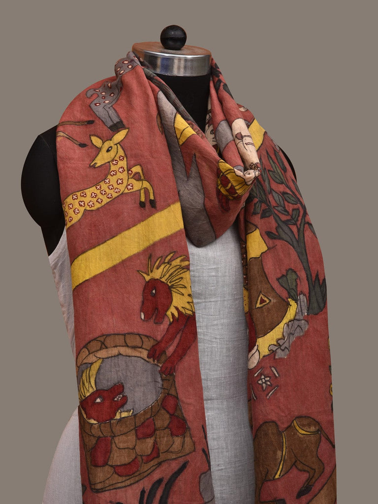 Rust Kalamkari Hand Painted Cotton Handloom Dupatta with Village Theme Design ds2953