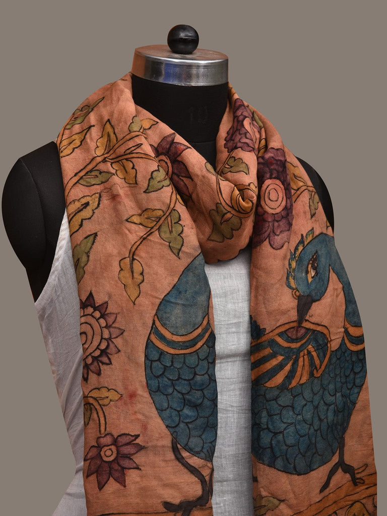 Rust Kalamkari Hand Painted Cotton Silk Handloom Dupatta with Big Floral and Peacocks Design ds3001