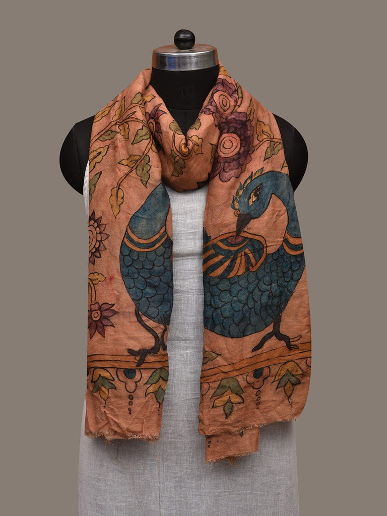 Rust Kalamkari Hand Painted Cotton Silk Handloom Dupatta with Big Floral and Peacocks Design ds3001