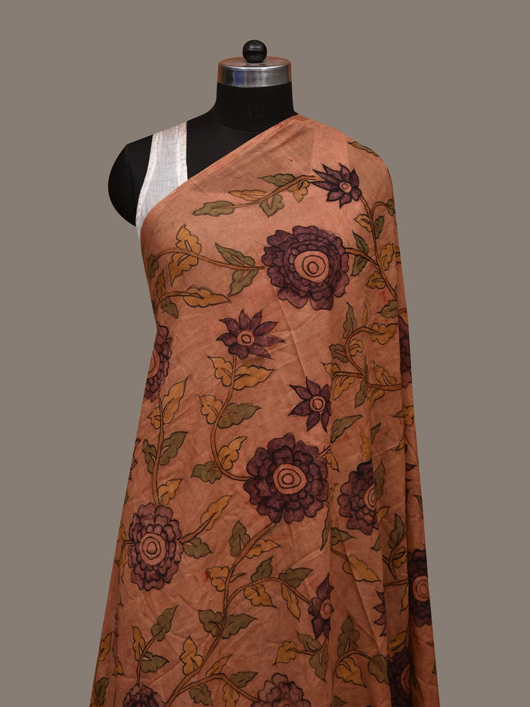 Rust Kalamkari Hand Painted Cotton Silk Handloom Dupatta with Big Floral and Peacocks Design ds3001