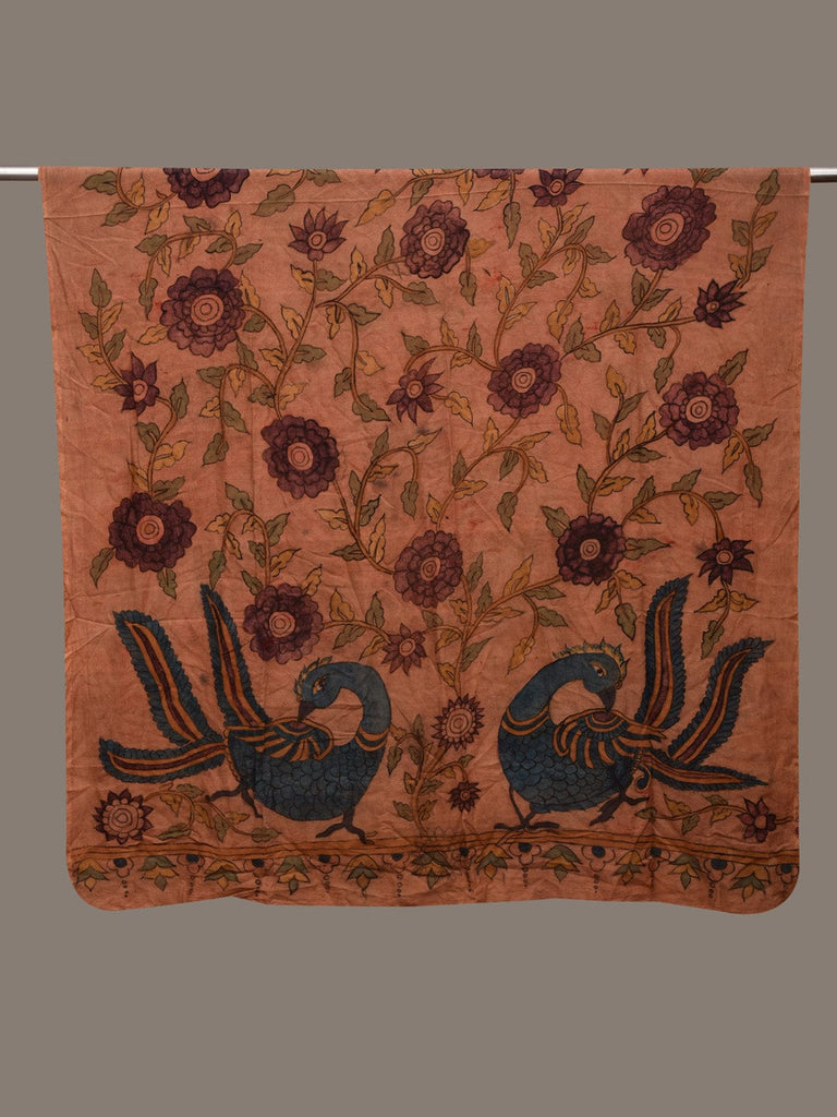Rust Kalamkari Hand Painted Cotton Silk Handloom Dupatta with Big Floral and Peacocks Design ds3001