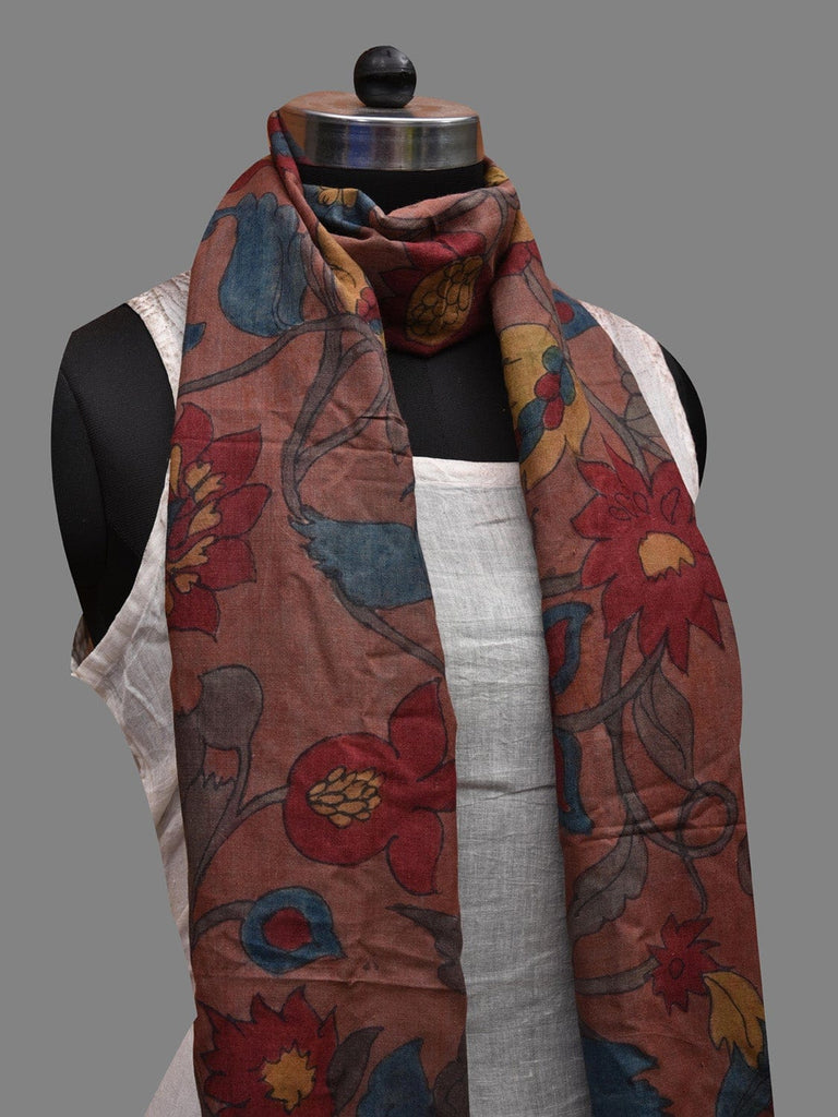Rust Kalamkari Hand Painted Cotton Silk Handloom Stole with Floral Design ds2627