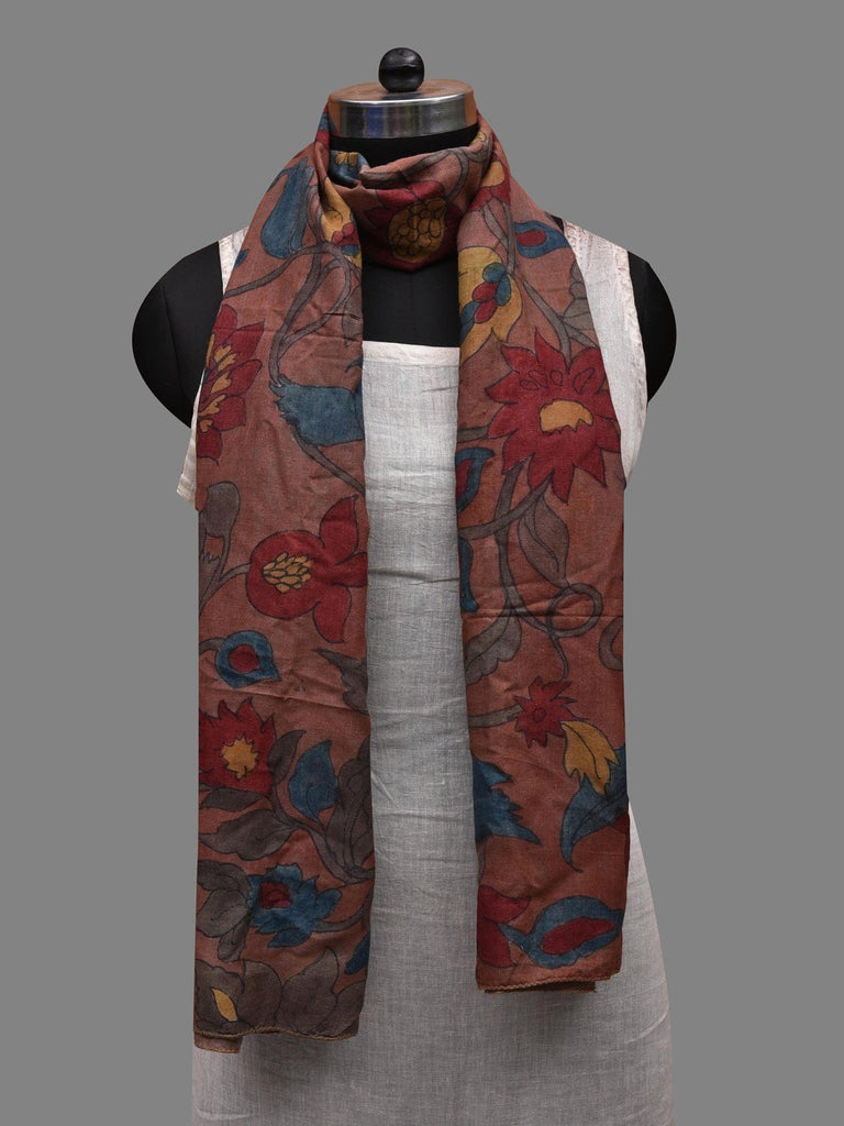 Rust Kalamkari Hand Painted Cotton Silk Handloom Stole with Floral Design ds2627