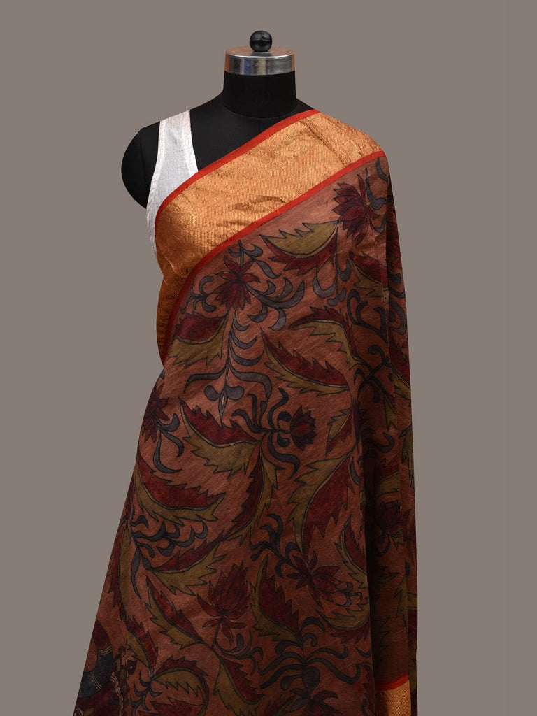 Rust Kalamkari Hand Painted Kanchipuram Silk Handloom Dupatta with Floral and Peacocks Design ds2817