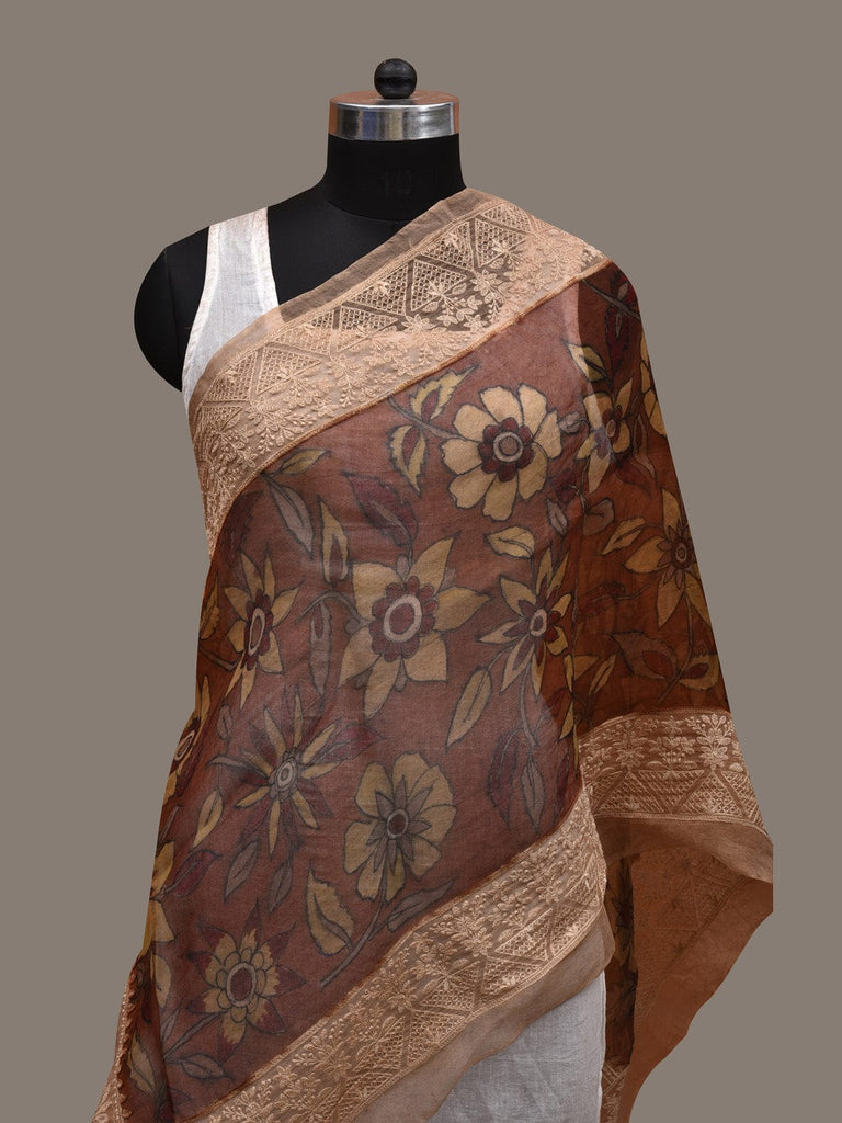 Rust Kalamkari Hand Painted Organza Silk Stole with Floral and Embroidary Design ds2895