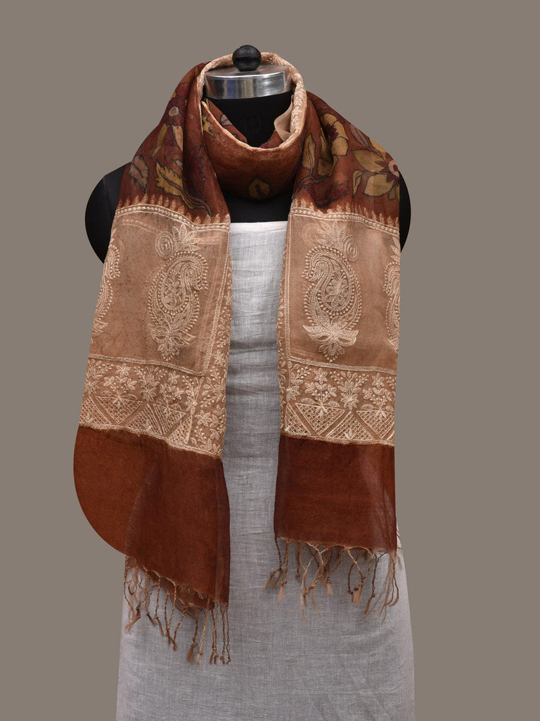 Rust Kalamkari Hand Painted Organza Silk Stole with Floral and Embroidary Design ds2895