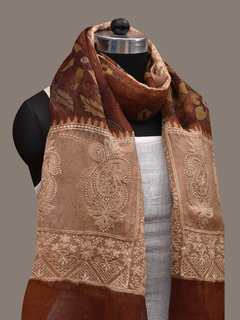 Rust Kalamkari Hand Painted Organza Silk Stole with Floral and Embroidary Design ds2895