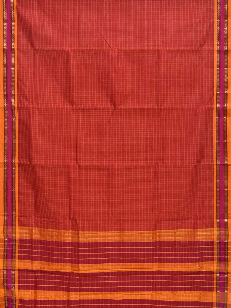 Rust Narayanpet Cotton Handloom Saree with Checks Design No Blouse np0226