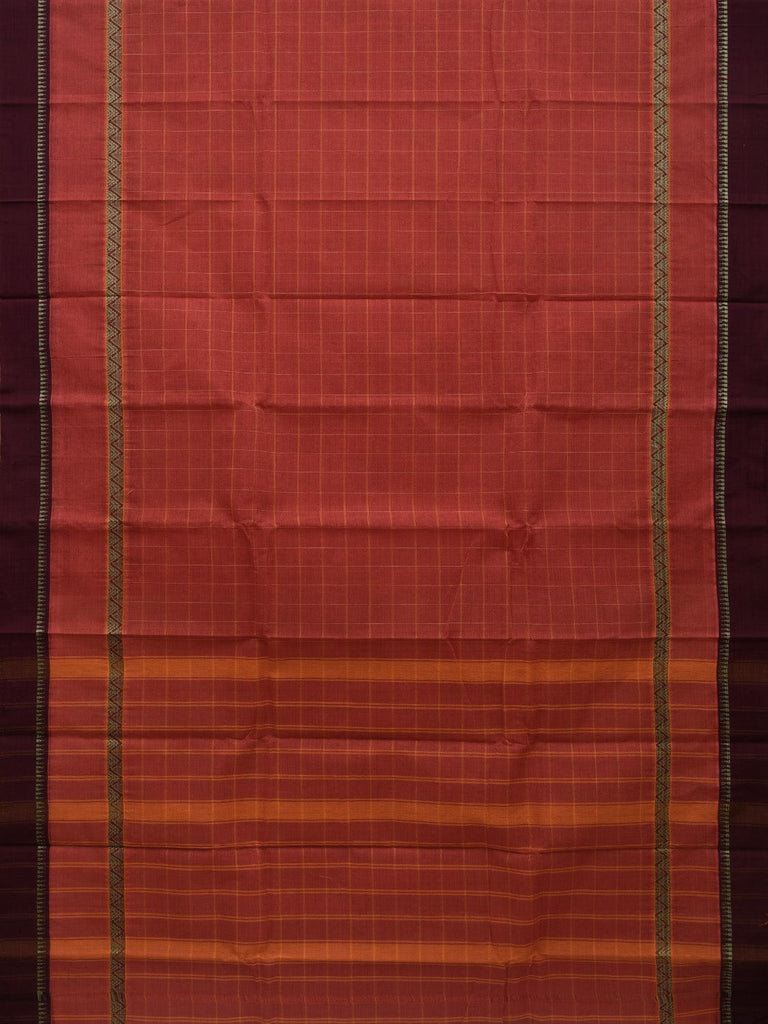 Rust Narayanpet Cotton Handloom Saree with Checks Design No Blouse np0629