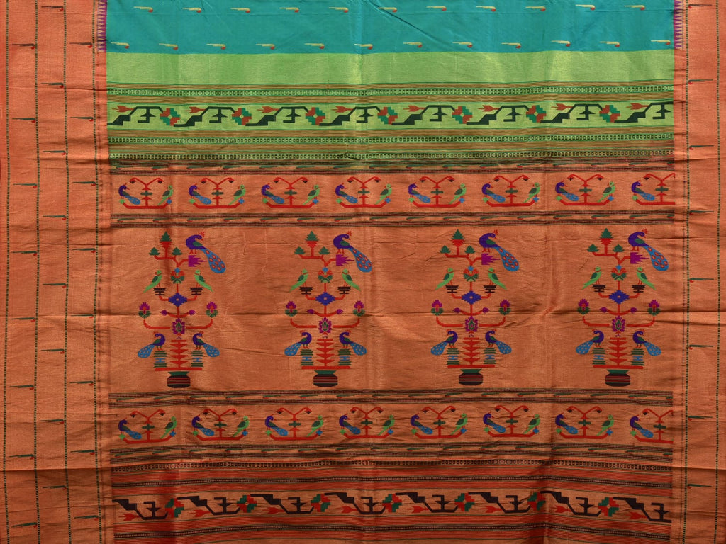 Sea Blue Paithani Silk Handloom Saree with Triple Muniya Border Design p0443