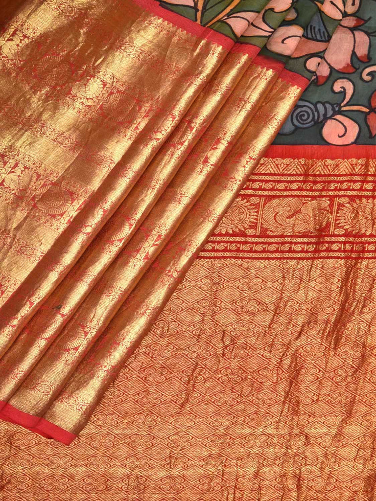 Sea Green Kalamkari Hand Painted Kanchipuram Silk Handloom Saree with Big Border and Floral Design KL0425