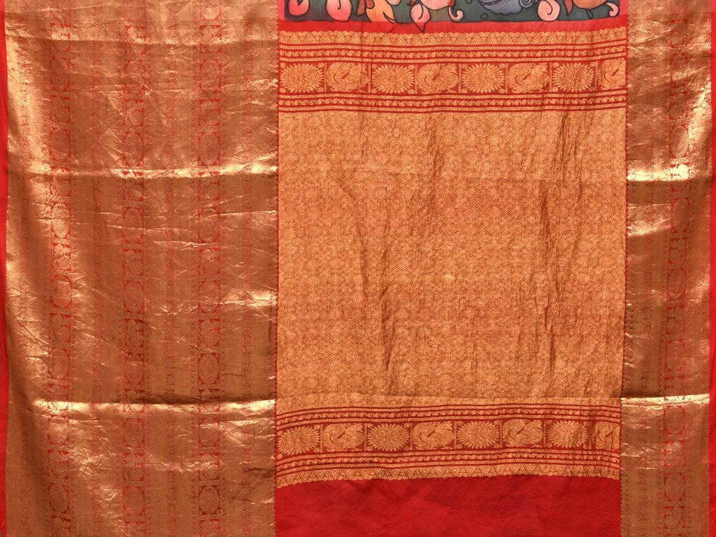 Sea Green Kalamkari Hand Painted Kanchipuram Silk Handloom Saree with Big Border and Floral Design KL0425