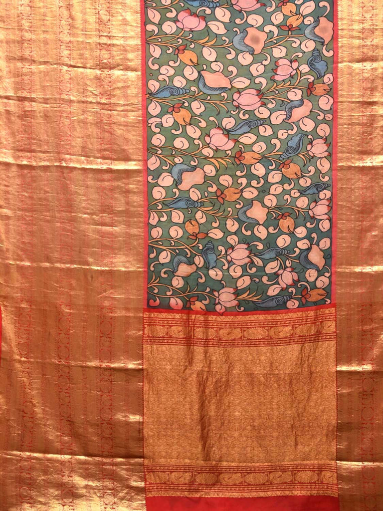 Sea Green Kalamkari Hand Painted Kanchipuram Silk Handloom Saree with Big Border and Floral Design KL0425