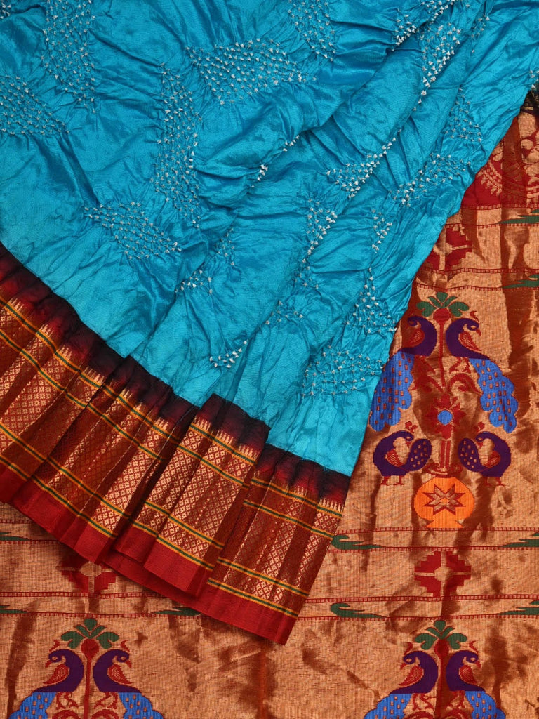 Sky Blue and Red Bandhani Paithani Silk Handloom Saree with Pallu Design bn0389